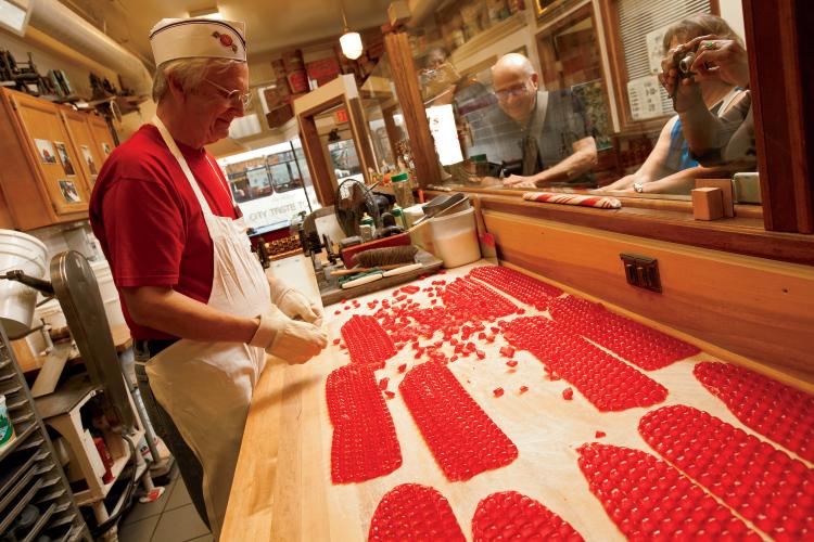 Warren Schimpff makes red hots at Schimpff's Confectionery, Jeffersonville, Indiana