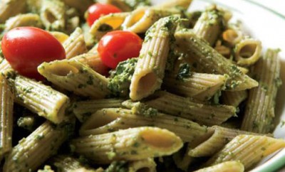 Spinach-Arugula-Walnut Pesto over Whole-Wheat Penne