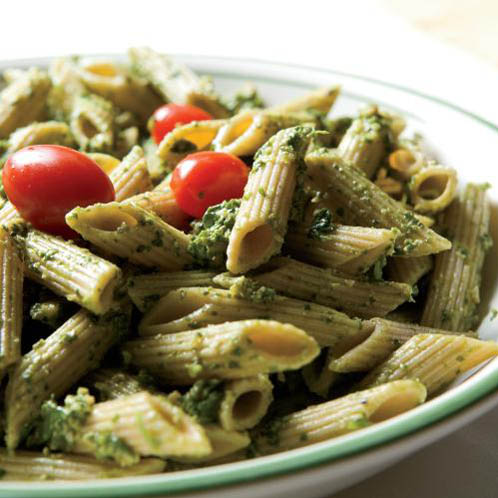 Spinach-Arugula-Walnut Pesto over Whole-Wheat Penne