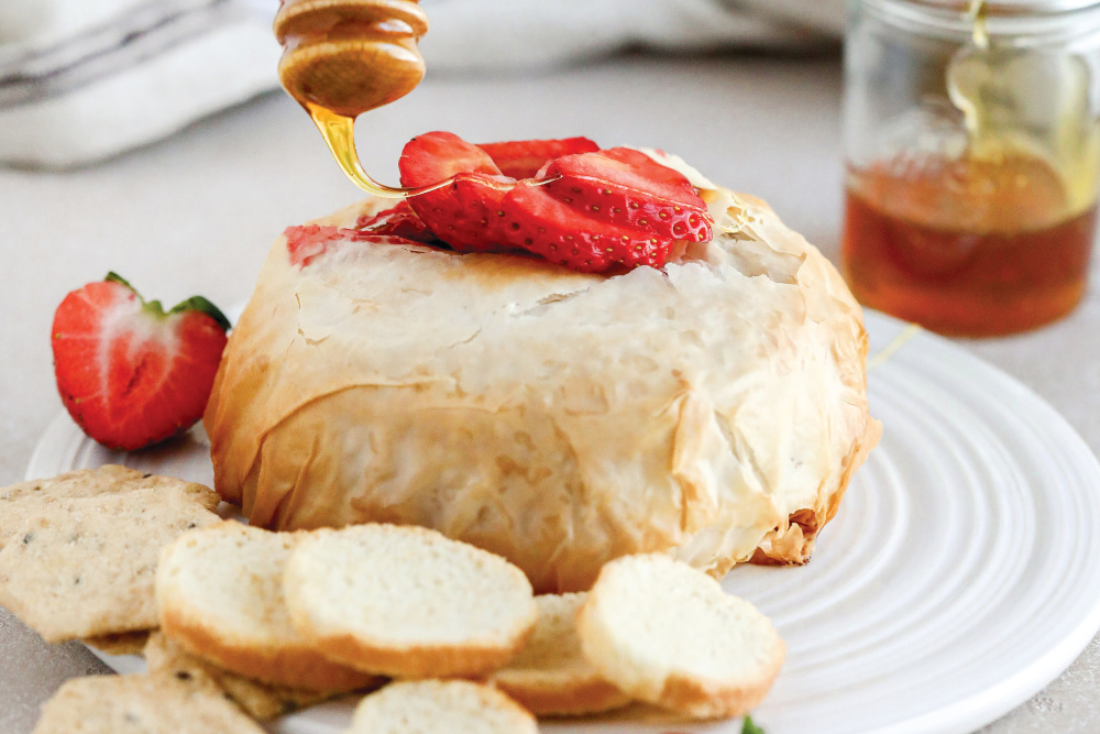 Phyllo Baked Brie with Strawberries and Honey
