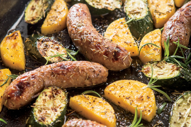 Sheet Pan Sausage, Zucchini and Polenta
