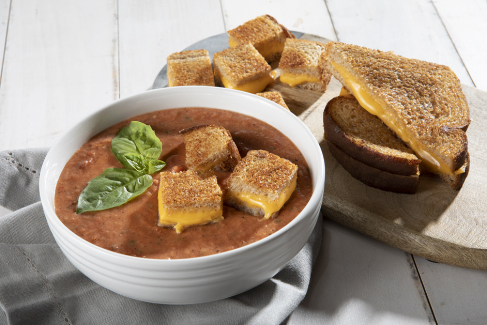 Tomato-Basil Soup with Grilled Cheese Croutons