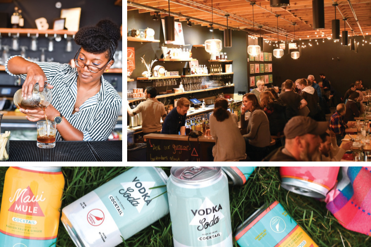 Photos from Cardinal Spirits: bartender mixing a drink; people sitting at the bar; canned cocktails.