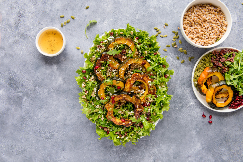 Roasted Acorn Squash Salad with Farro, Pepitas and Dried Cranberries