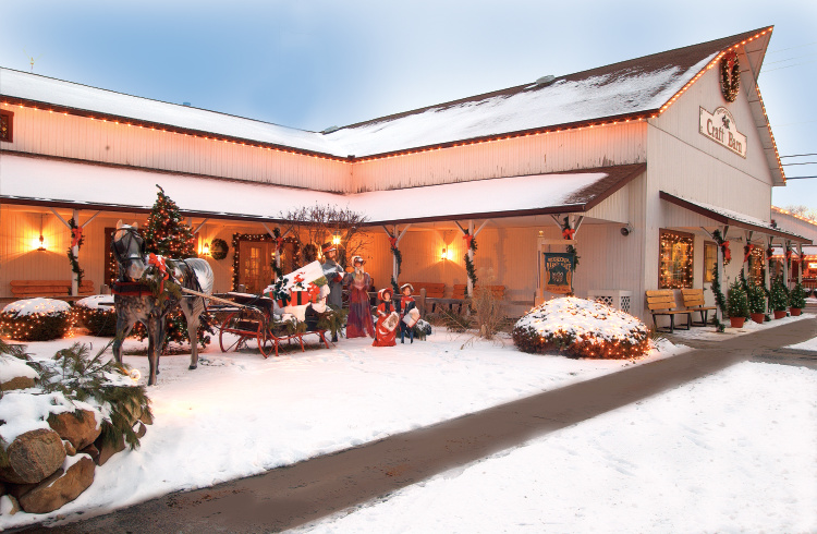Exterior of the Craft Barn decorated for Christmas