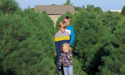 Kids pose for a photo among the Christmas trees at Flickinger Farms