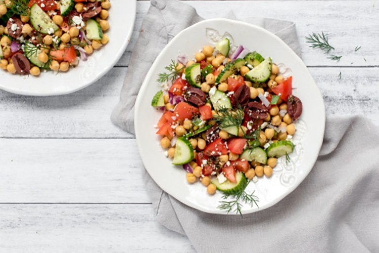 Lettuceless Greek Salad with Chickpeas in a bowl