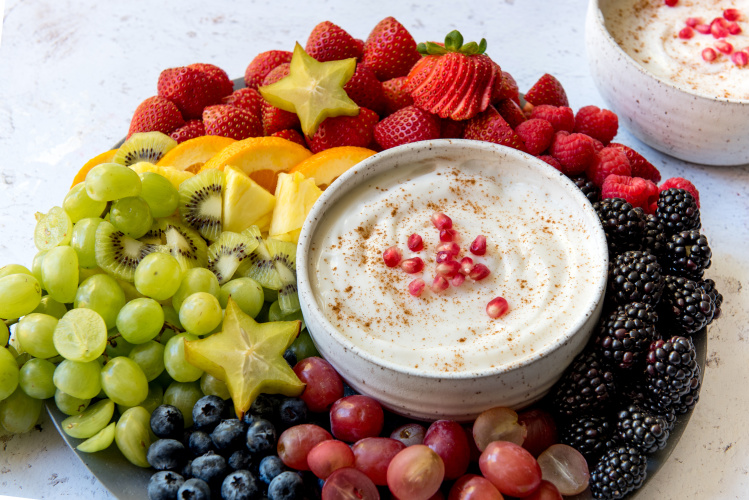 Fruit Rainbow with Yogurt Dip made with farmers market fruits