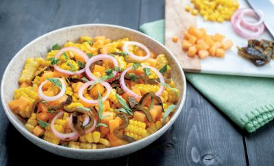 Raw Corn and Cantaloupe Salad with Red Onion and Roasted Poblano