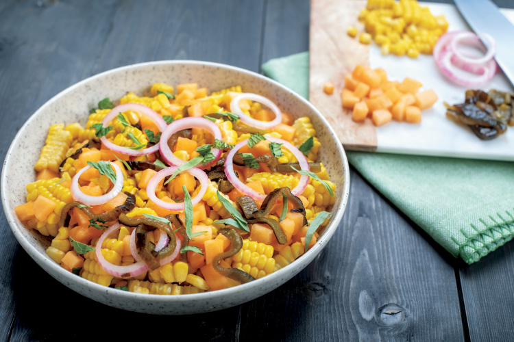 Raw Corn and Cantaloupe Salad with Red Onion and Roasted Poblano