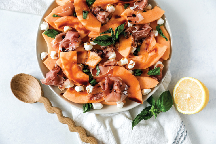 Cantaloupe, Burrata, Basil and Prosciutto Salad with Balsamic Drizzle