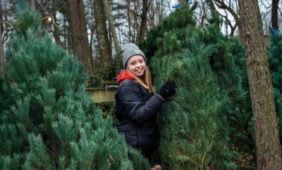 Woman stands with a freshly cut Christmas tree