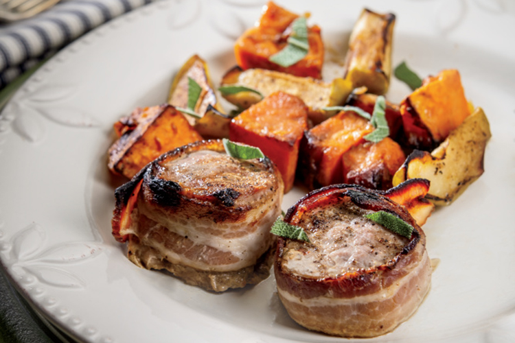 Bacon-Wrapped Pork Tenderloin with Sweet Potatoes and Apples