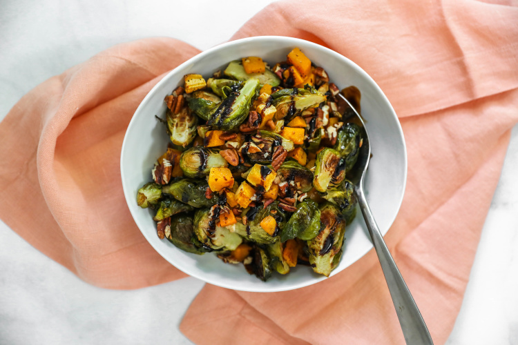 Roasted Brussels Sprouts with Butternut Squash and Pecans