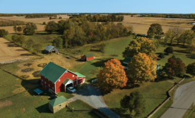 Aerial shot of the Walnut Leaf Farm historic barn