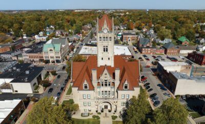 Drone shot of the Hancock County Courthouse in downtown Greenfield