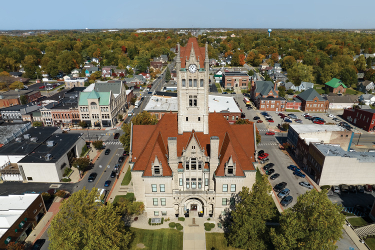 Drone shot of the Hancock County Courthouse in downtown Greenfield