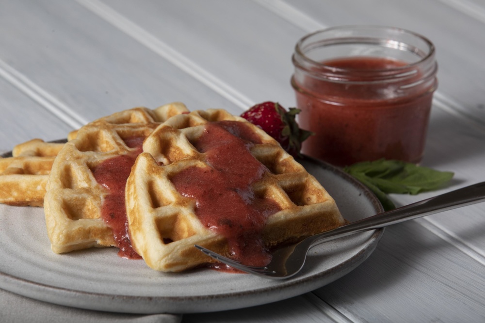 Belgian Yogurt Waffles with Strawberry Rhubarb Syrup