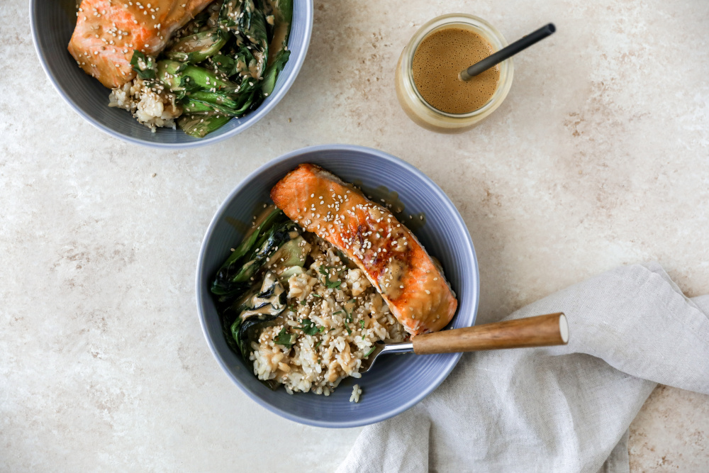 Roasted Salmon, Bok Choy and Brown Rice Bowls