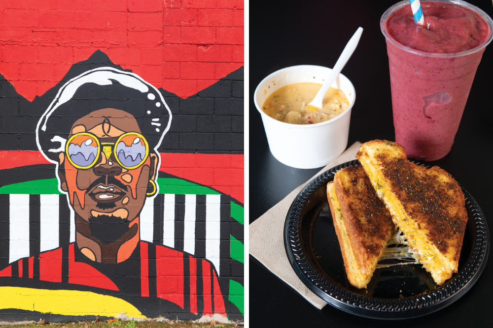 Left photo: Mural on the side of Cleo's Bodega; Right photo: Soup, grilled cheese and a pink drink from Cleo's Bodega