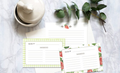 Recipe cards with strawberry watercolors from Jessica Flores designs