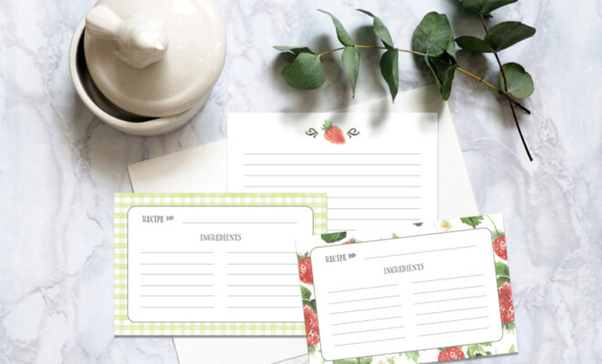Recipe cards with strawberry watercolors from Jessica Flores designs