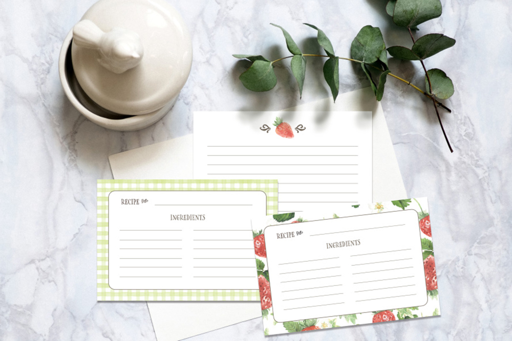 Recipe cards with strawberry watercolors from Jessica Flores designs