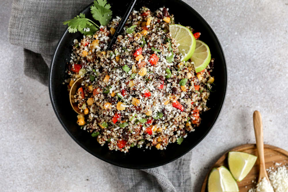 Black Bean Quinoa Salad with Corn, Cotija, and Balsamic Lime Dressing
