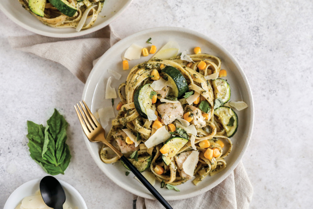 Pesto Pasta with Chicken, Zucchini and Corn