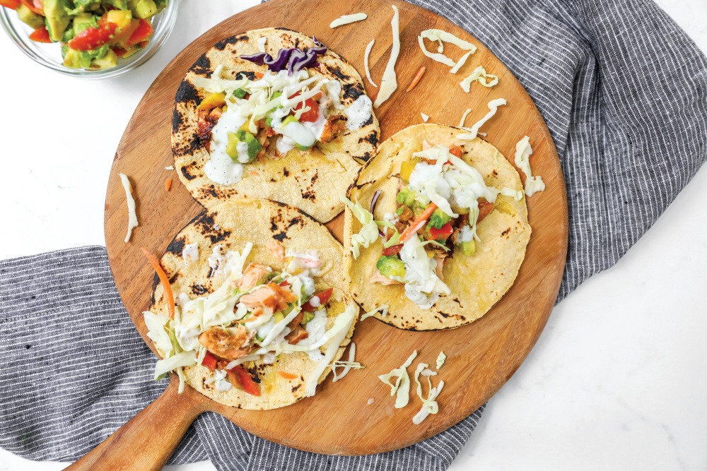 Sheet Pan Salmon Tacos with Peach Avocado Salsa