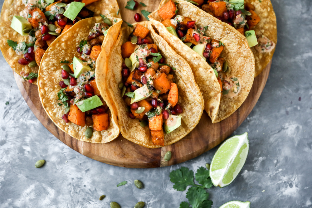 Butternut Squash Tacos with Pumpkin Seeds, Pomegranate and Avocado