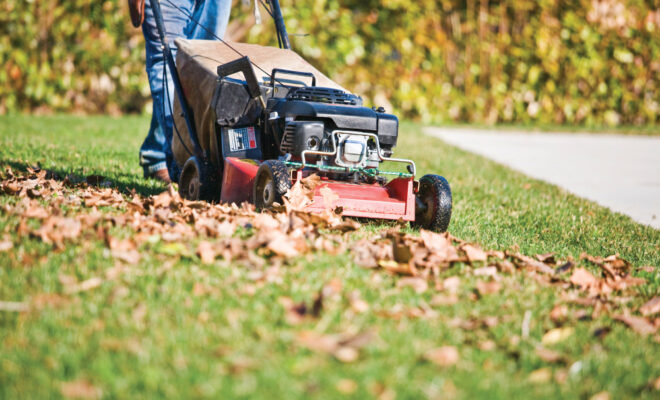 Someone push mowing a yard with leaves in it