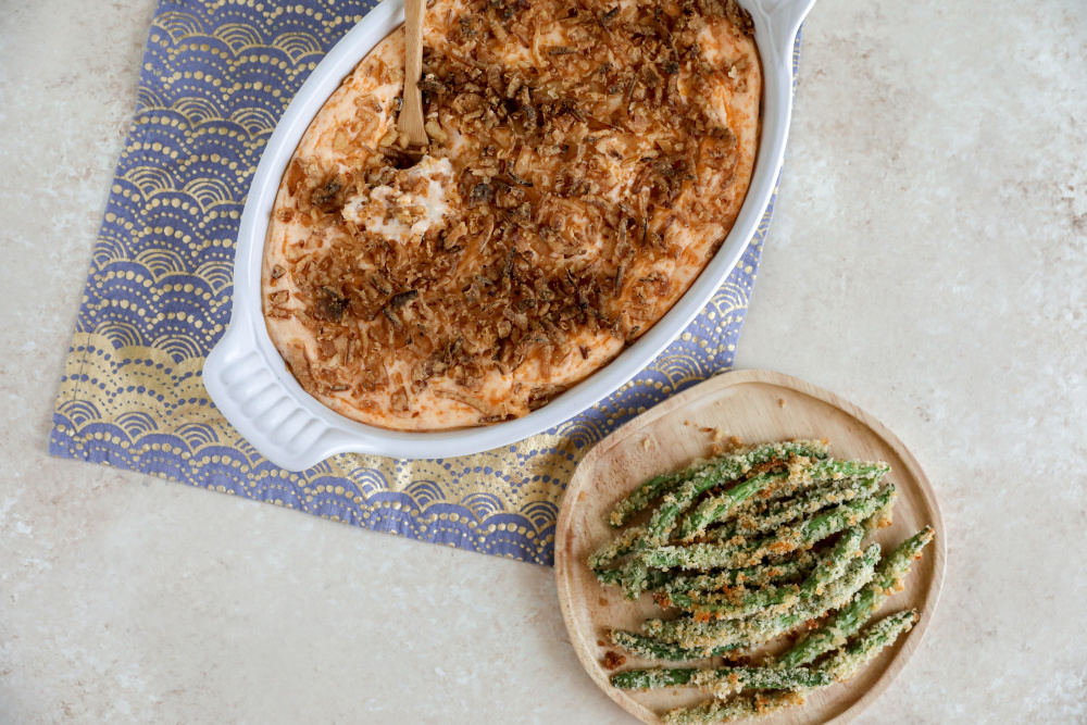 Cheesy Onion Dip with Green Bean Fries