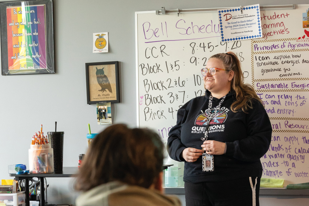 Abby Strahla teaching an agriculture class at Decatur Central High School