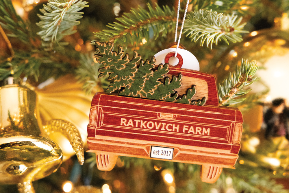 Red truck tree ornament with Ratkovich Farm on the tailgate