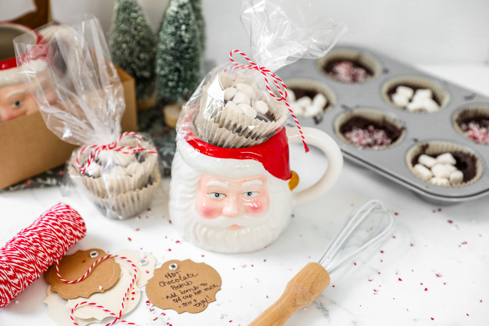 Homemade Hot Chocolate Bombs in a Santa mug