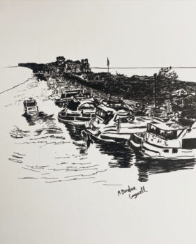 Boats at doc line drawing by Michelle Boardman Cogswell