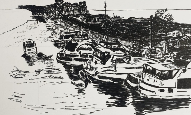 Boats at doc line drawing by Michelle Boardman Cogswell