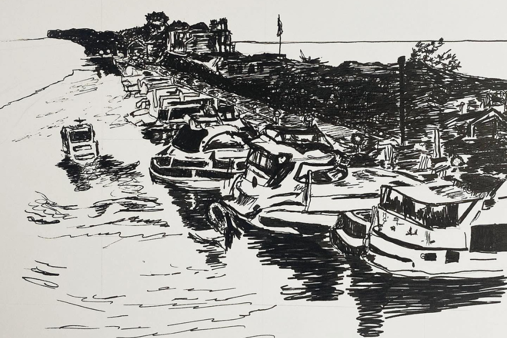 Boats at doc line drawing by Michelle Boardman Cogswell