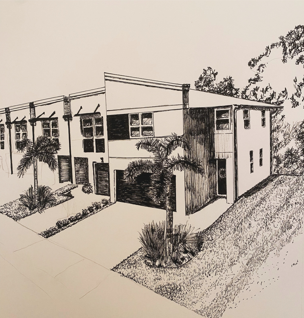 Line drawing of a building by Michelle Boardman Cogswell