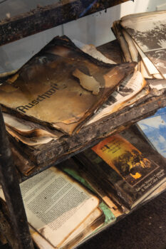 Burned books from the fire bomber attack on the museum