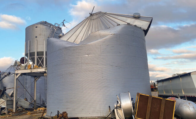 Damaged grain bin at the Kron's farm