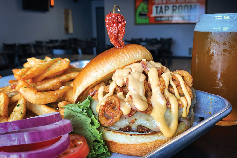 Burger and fries at Brew Link Brewing with a beer in the background