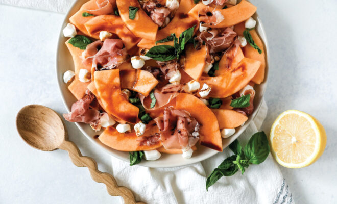 Cantaloupe, Basil and Prosciutto Salad with Balsamic Drizzle