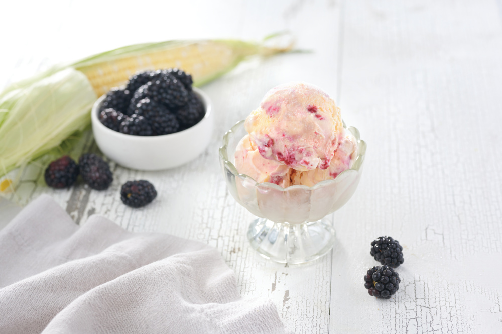 Sweet Corn Ice Cream with Blackberry Swirl