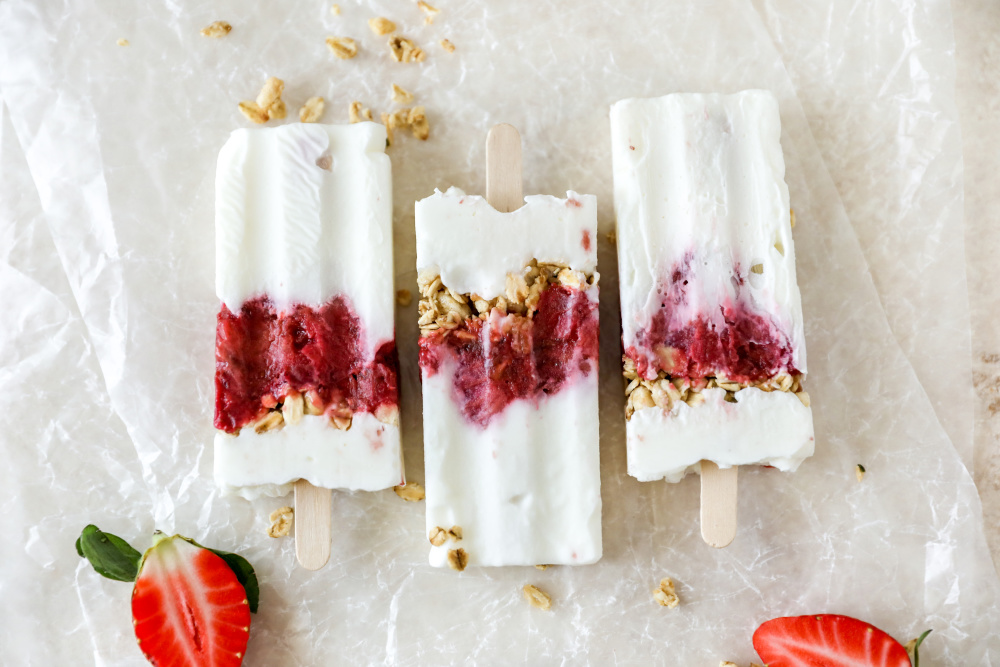 Balsamic-Roasted Strawberry Rhubarb Yogurt Pops