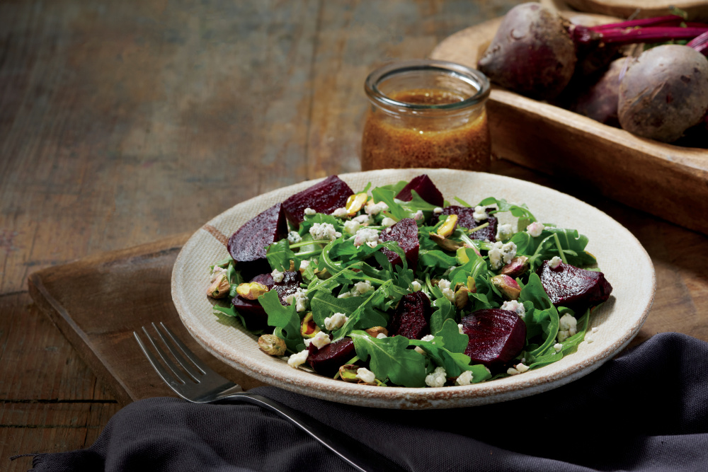 Roasted Beet Salad with Arugula, Pistachios and Blue Cheese