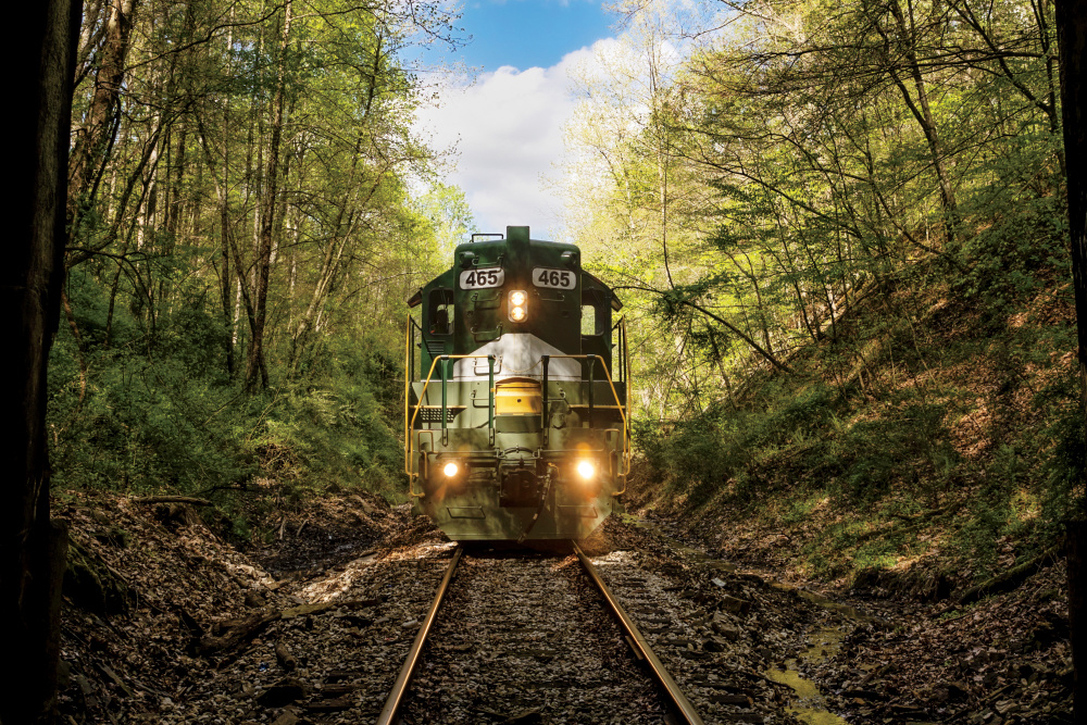 The French Lick Scenic Railway train going down the tracks