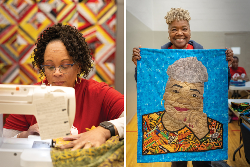 Left picture: a Akoma Ntoso Modern Quilt Guild member Dianne Bayless sews a quilt; right picture: Akoma Ntoso Modern Quilt Guild member Verna Moore with her self-portrait quilt