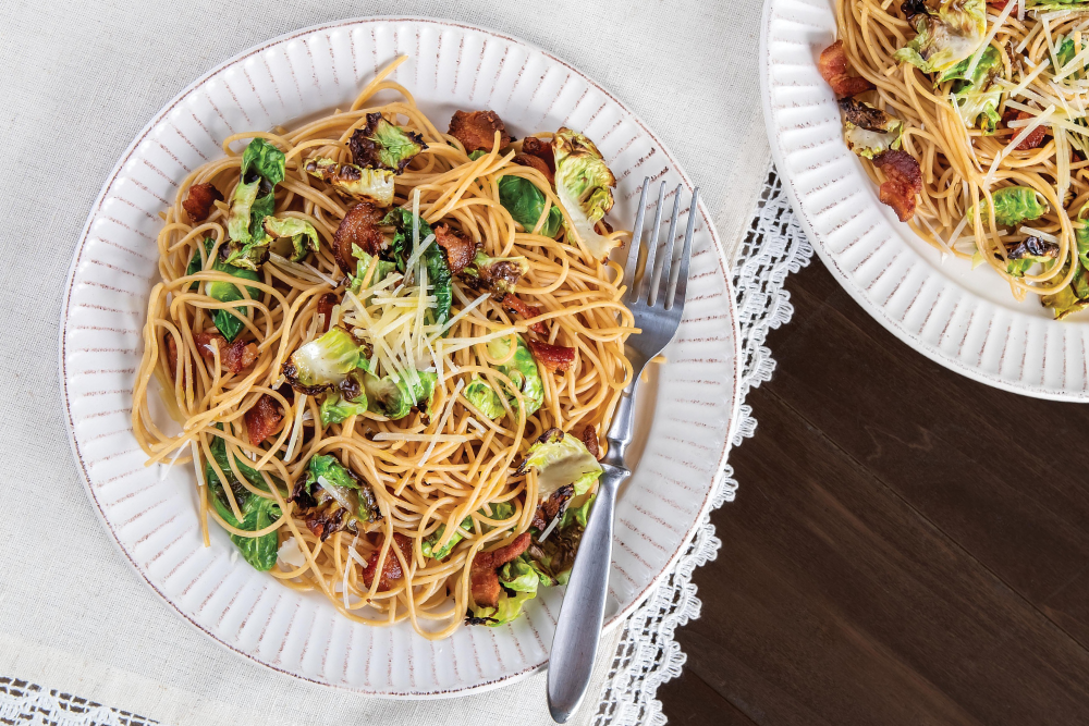 Pasta Carbonara with Charred Brussels Sprouts
